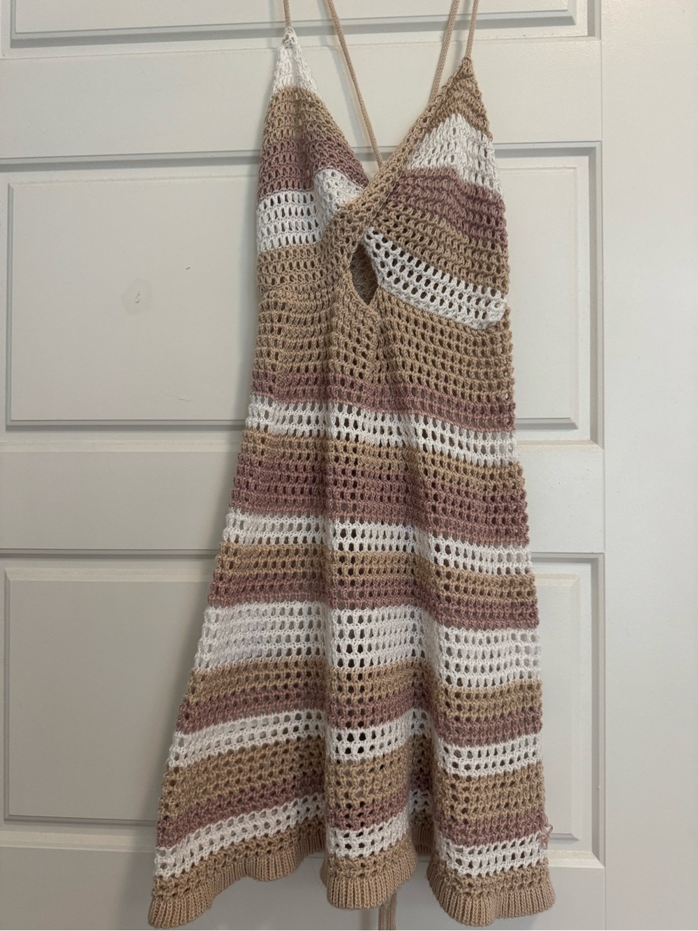 Crochet Striped Sundress in Beige and White